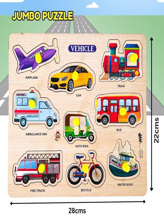 Bugbee Toys Wooden Transport Puzzle for Kids | Montessori Educational Vehicle Puzzle Board | Bright Color Jigsaw for Toddlers | Learn Cars, Trains, Planes & Boats | 28x22 cm (Transport Wooden Big) - Image 3